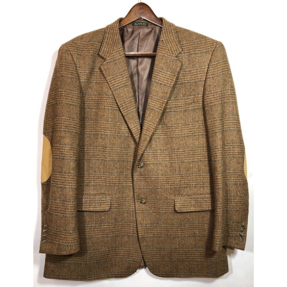 Tweed Plaid Blazer Brown and Blue 46 Two-Button Wool Academia Elbow Patches